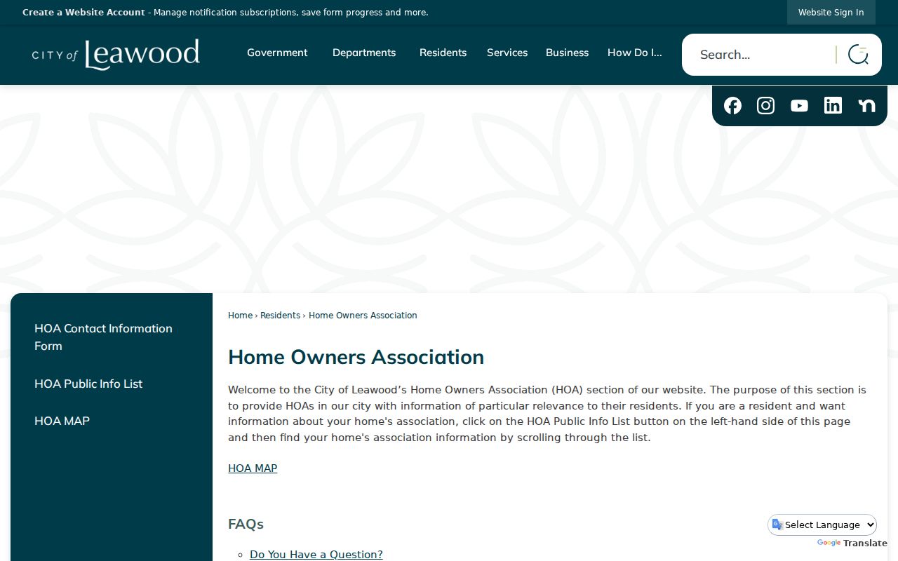 Leawood city directory HOA resource page
