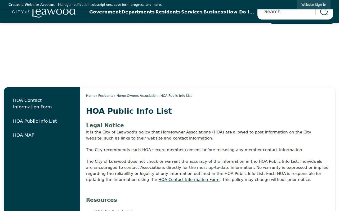 Leawood ZIP code directory HOA public list
